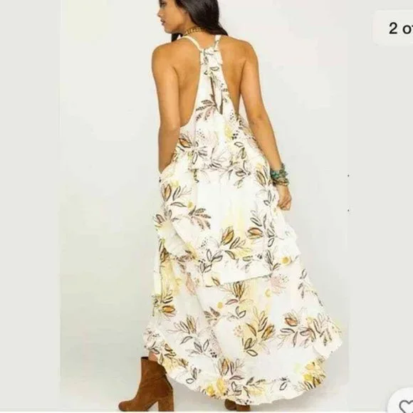 FREE PEOPLE Anita Printed Maxi Dress Endless Summer Ruffle Tier Ivory  Floral Tie - coffeafoods.com